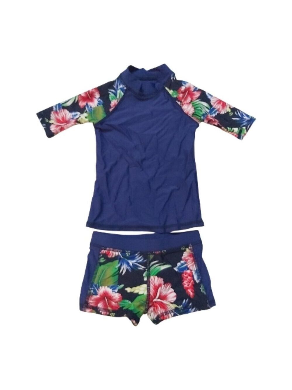 Kids Navy Floral Rash Guard Swim Set Toddler Size Medium 2T–3T 3/4 Sleeve Top